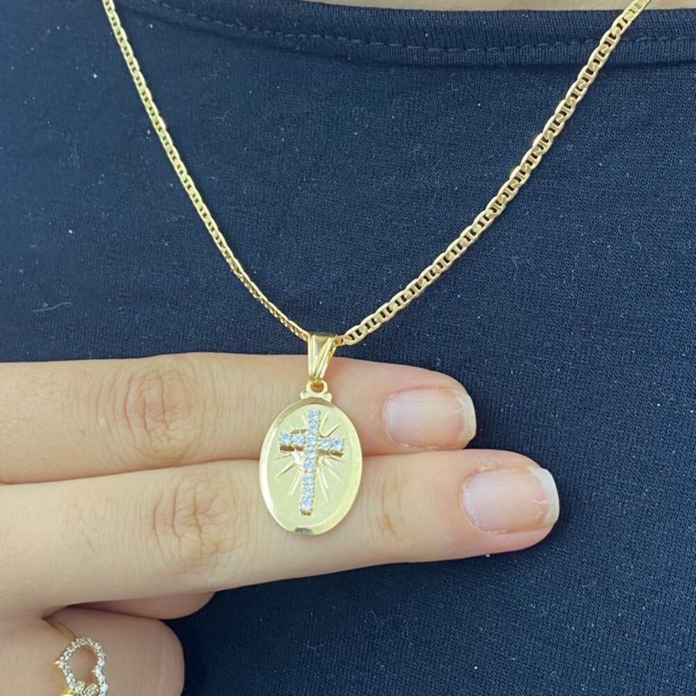 Cross Necklace Medal CZ 14K Gold Filled Mariner Chain Mens Womens Toddler Kids